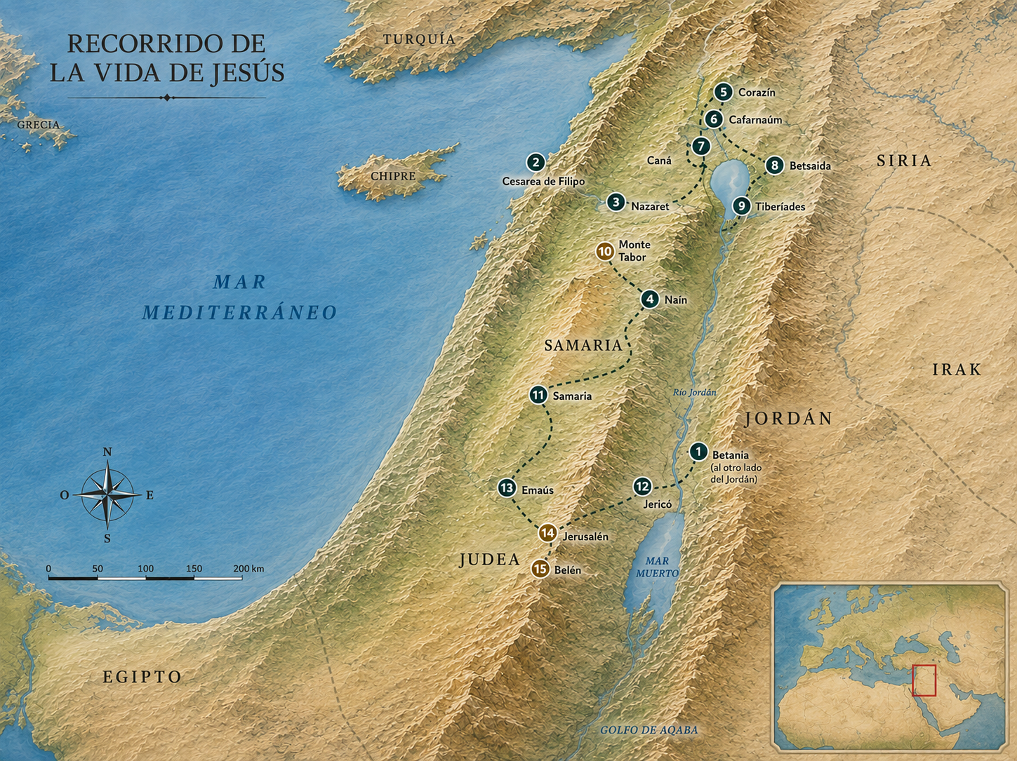 Mapa en relieve del recorrido de la vida de Jesús por Tierra Santa